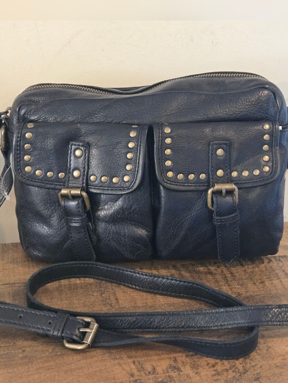 Ashwood Leather Black Studded Crossbody Bag Genuine Leather Adjustable Strap